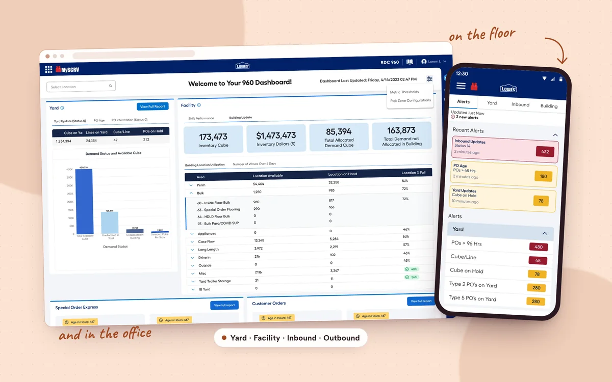 Distribution center operations: a manager dashboard on desktop next to the handheld app for the warehouse floor