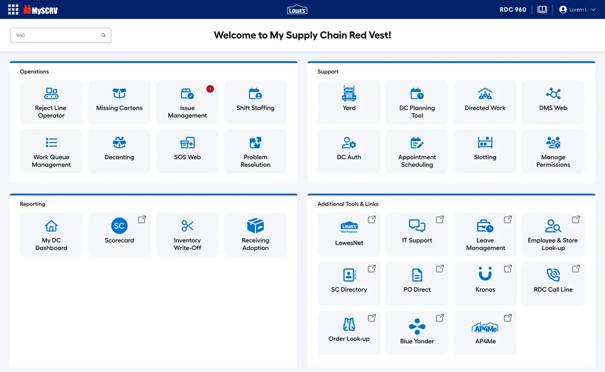 Launcher grouping every distribution center tool into operations, support, reporting and additional tools