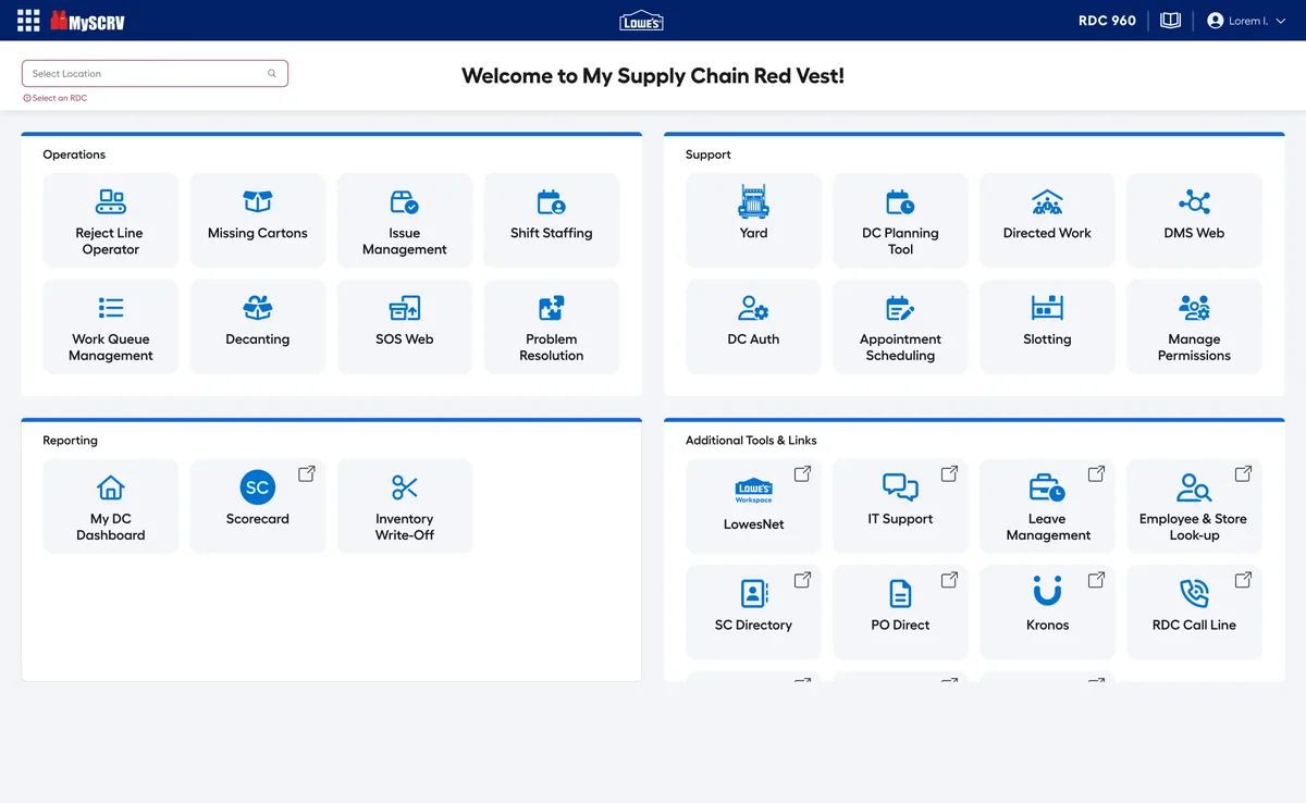 Launcher prompting the user to select a distribution center first