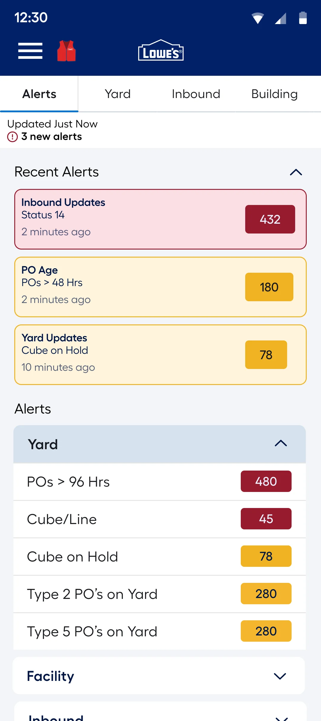 Alerts tab: recent alerts as colored cards with counts, then alerts grouped by area