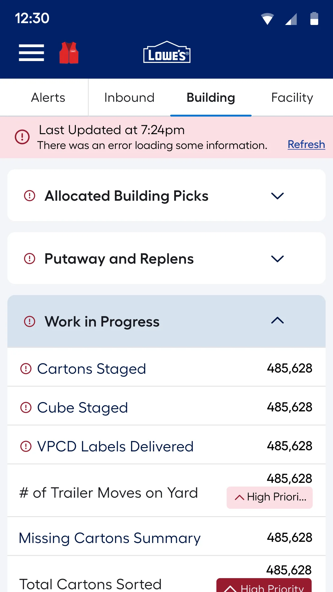 Data load error banner with the last update time and a refresh link