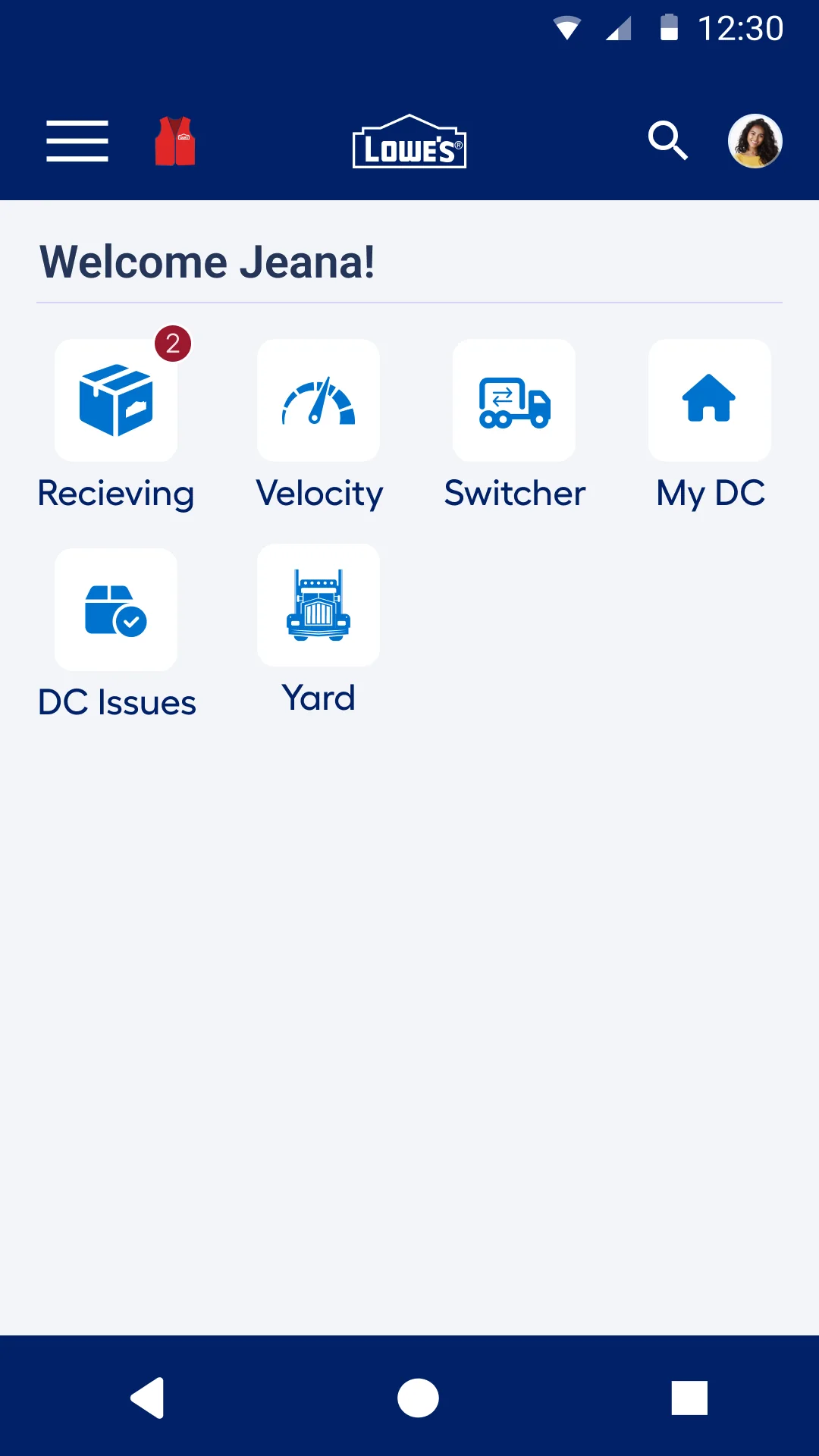 My Supply Chain Red Vest app home with receiving, velocity, switcher, My DC, DC issues and yard