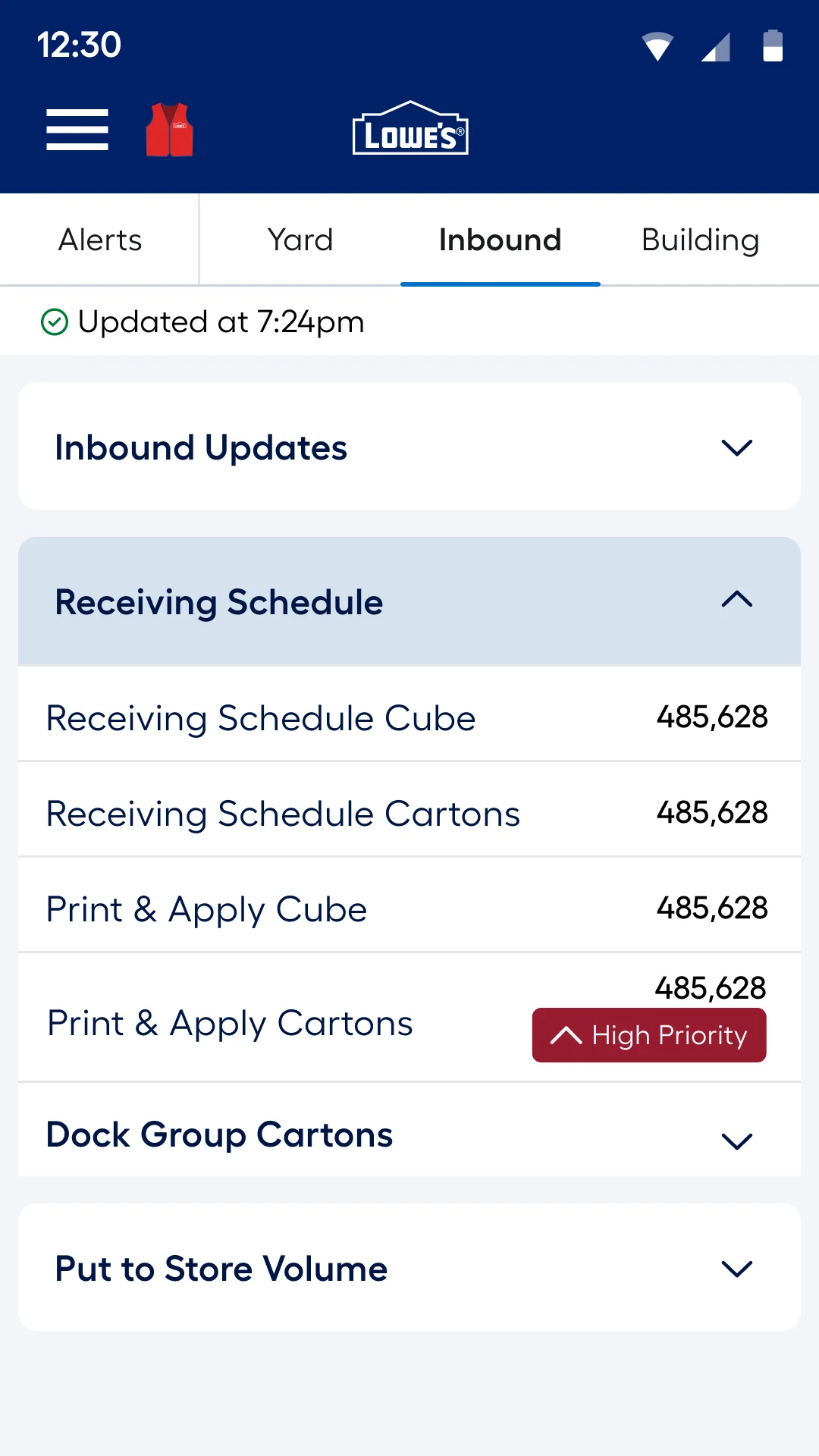 Inbound tab with the receiving schedule expanded