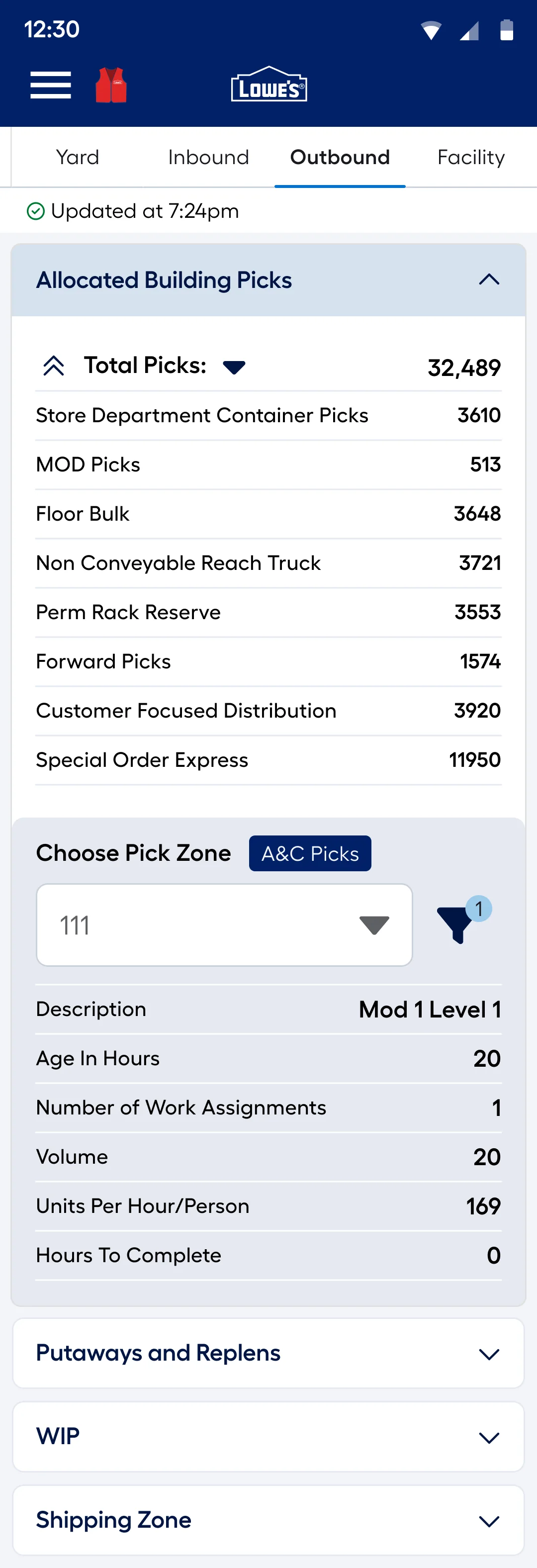 Outbound picks with a pick zone selector and its work assignments