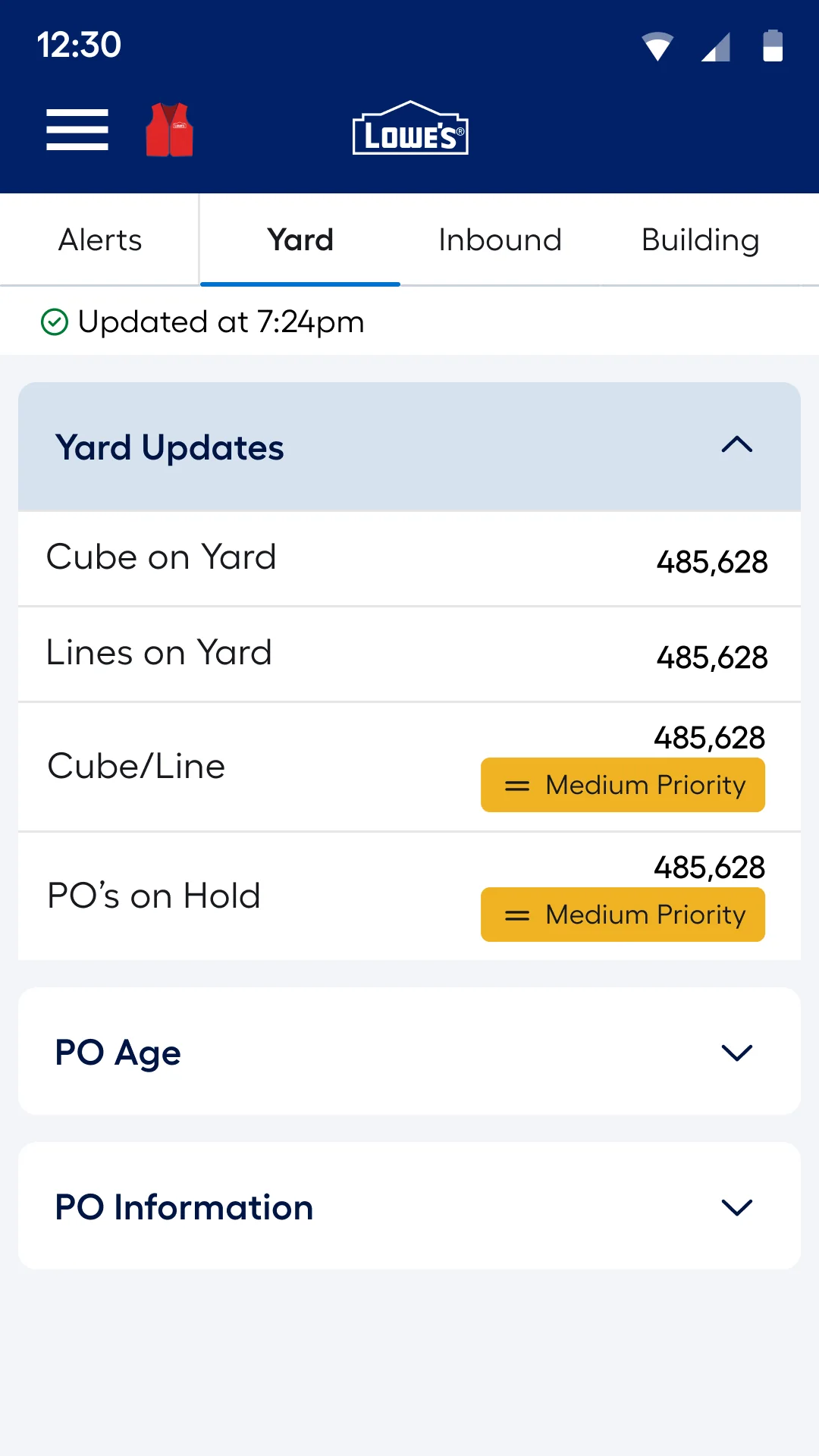 Yard tab with yard updates expanded: cube on yard, lines, cube per line and POs on hold
