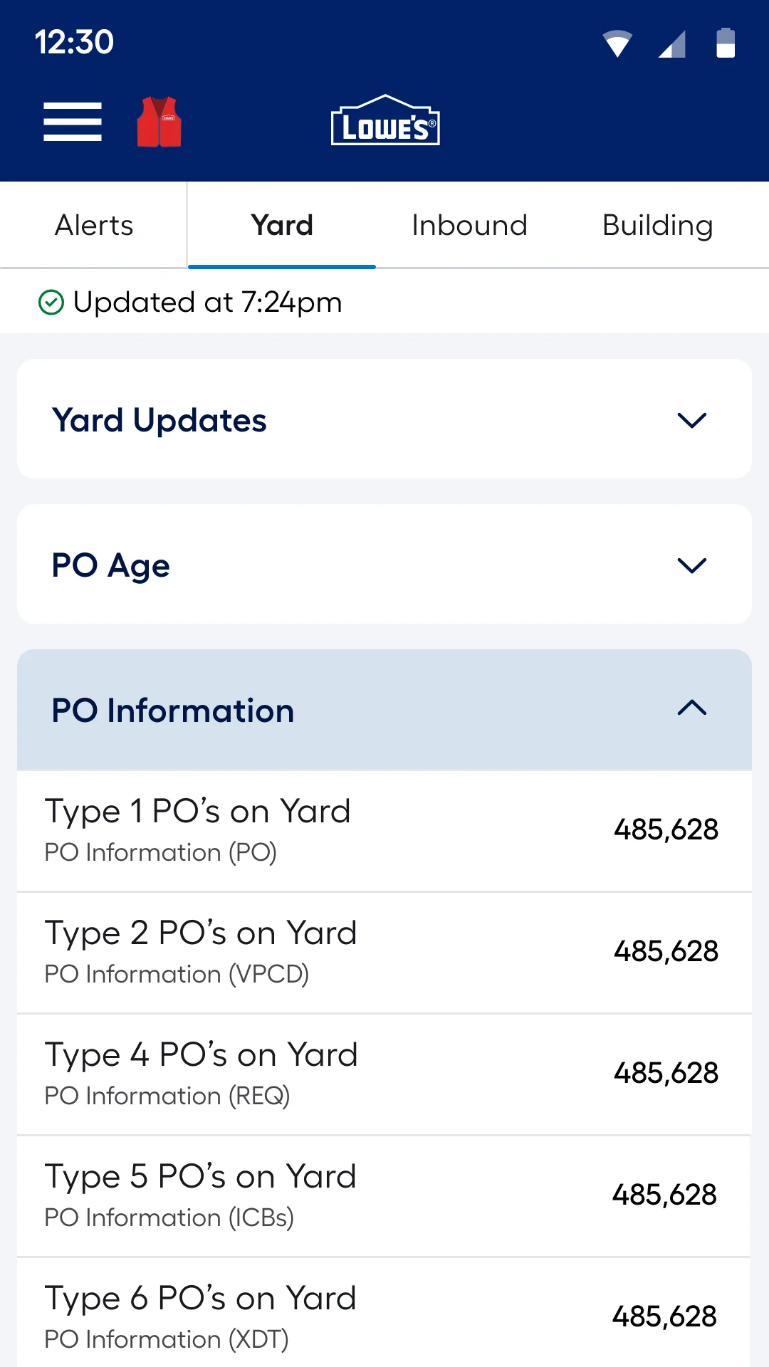Yard tab with PO information expanded by PO type