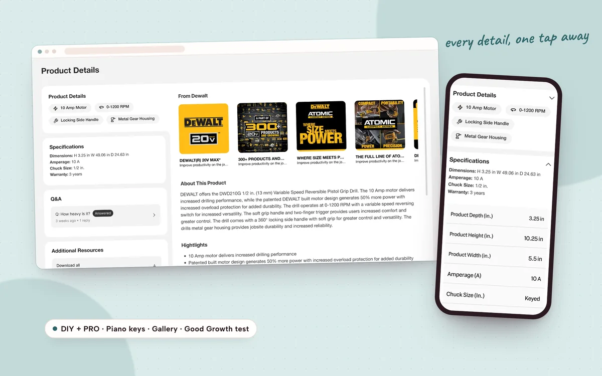 The Home Depot product information page redesign for DIY and PRO customers