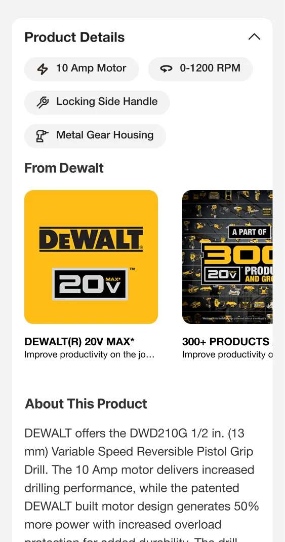 Mobile: product details expanded with key feature chips and brand content