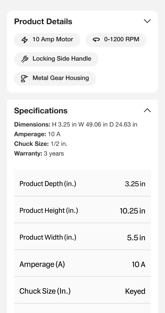 Mobile: specifications expanded with key specs first