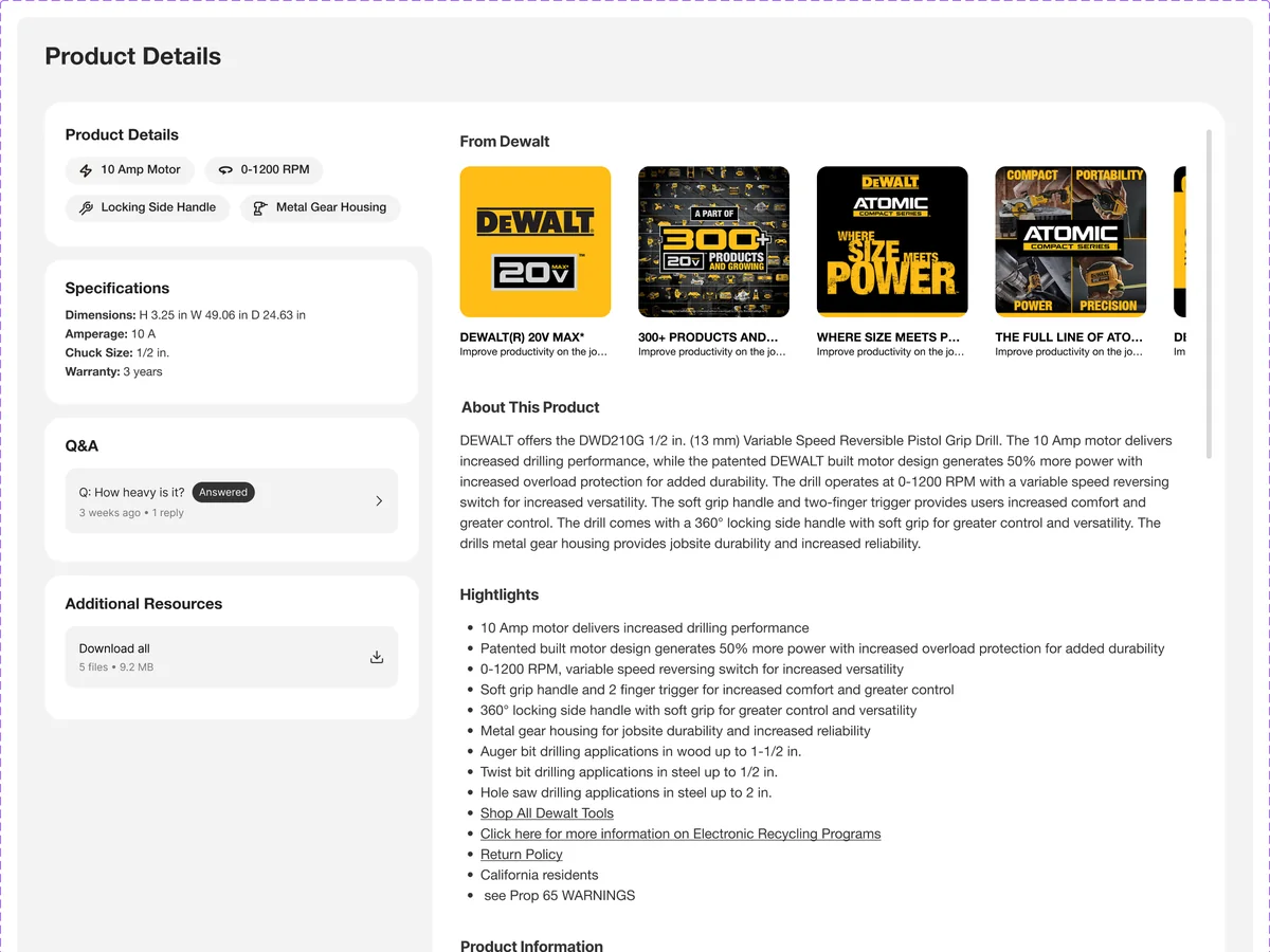 Piano keys: product details, specifications, Q&A and additional resources as keys on the left, with the selected content beside them