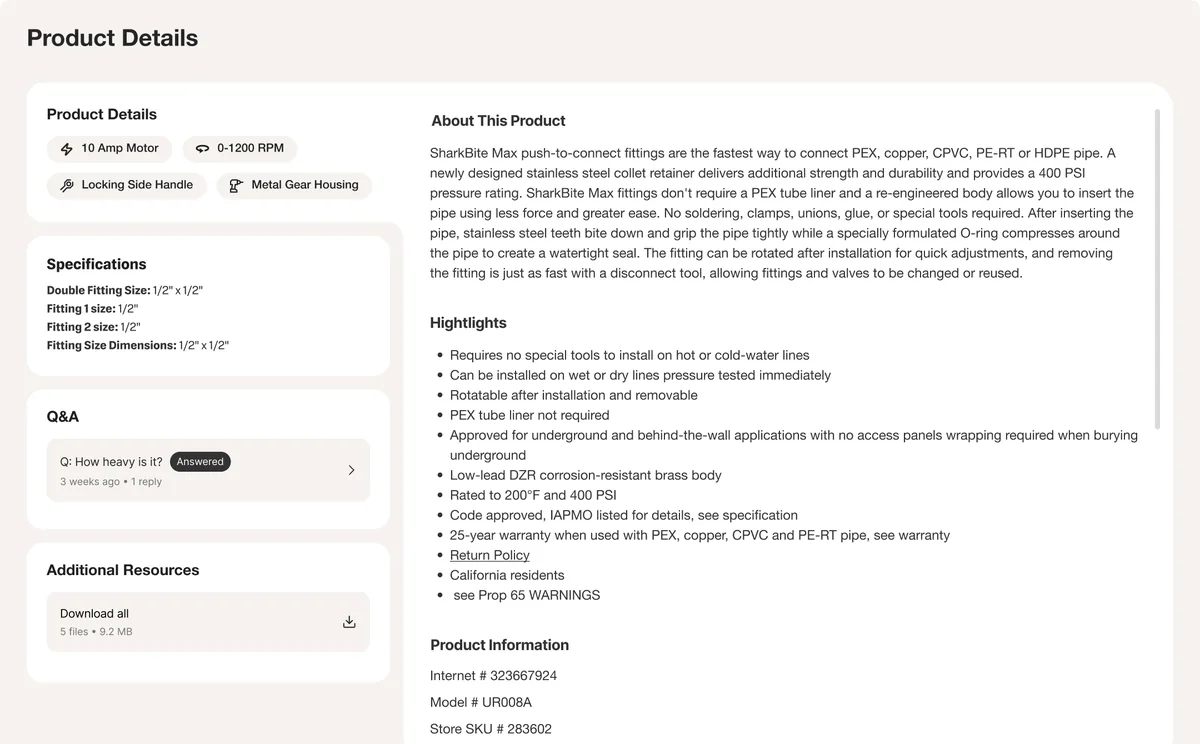 PRO product details with specifications, Q&A and resources beside the description