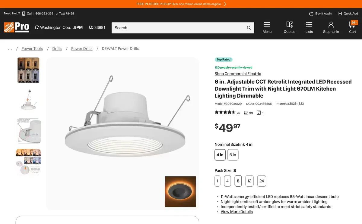PRO information-focused page for a recessed light with key specs above the fold