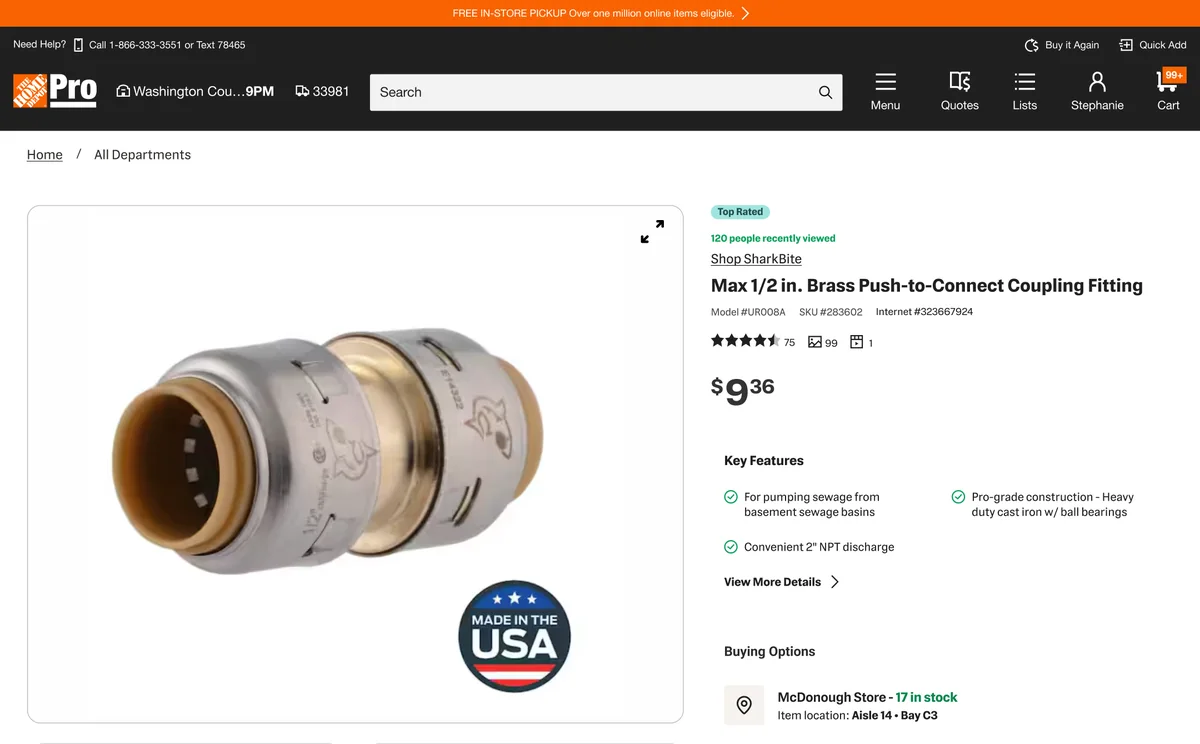 PRO product page for a brass push-to-connect fitting with a larger gallery, key features and buying options