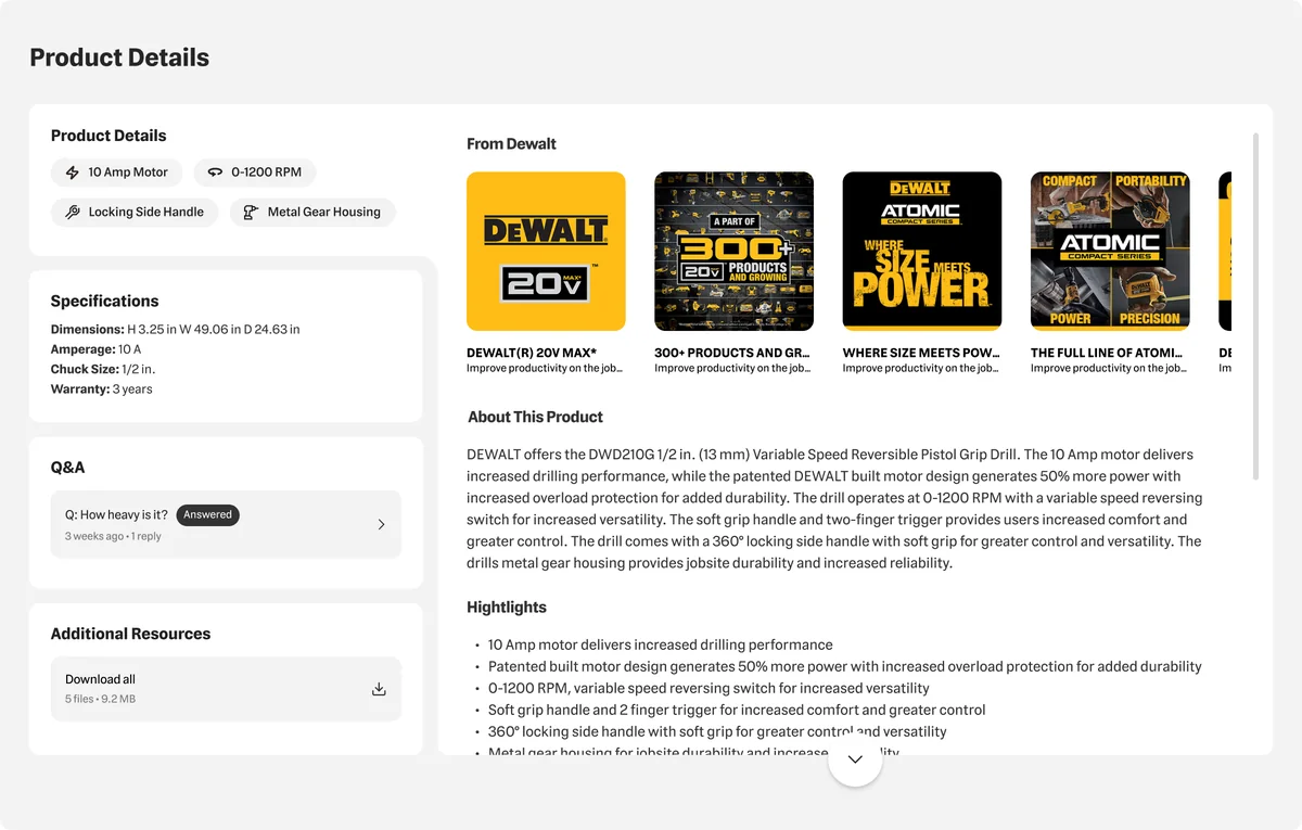 Vertical tabs variant of product details with brand content from the manufacturer