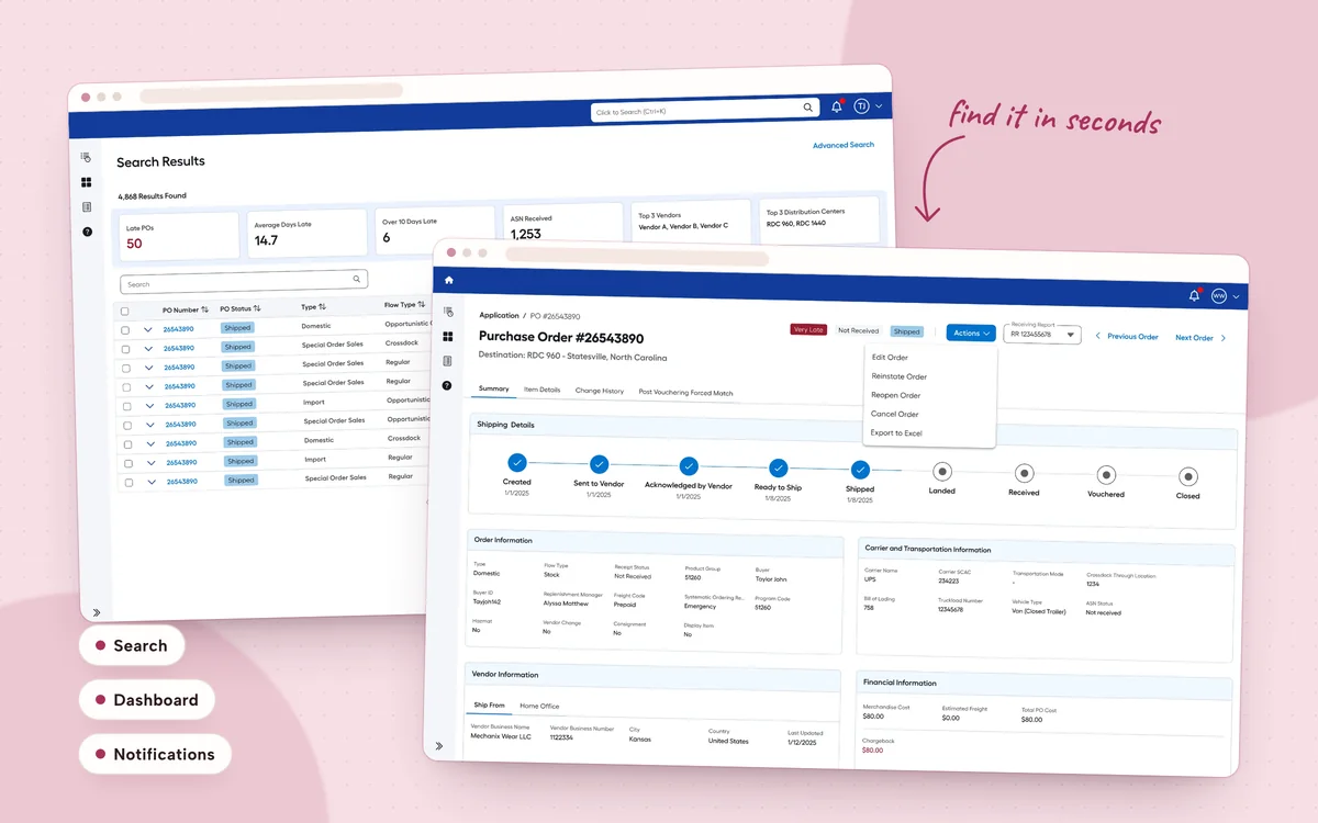 Redesigned purchase order management: dashboard, advanced search and purchase order summary screens