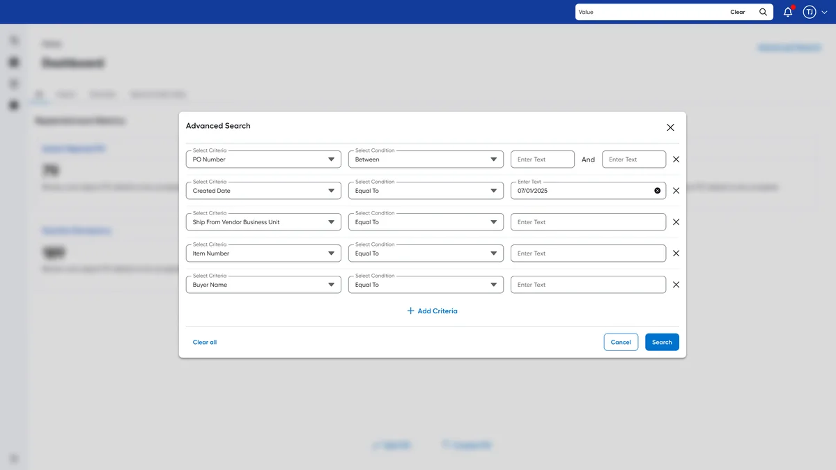 Advanced search: rows of criteria, condition and value, with an add-criteria action