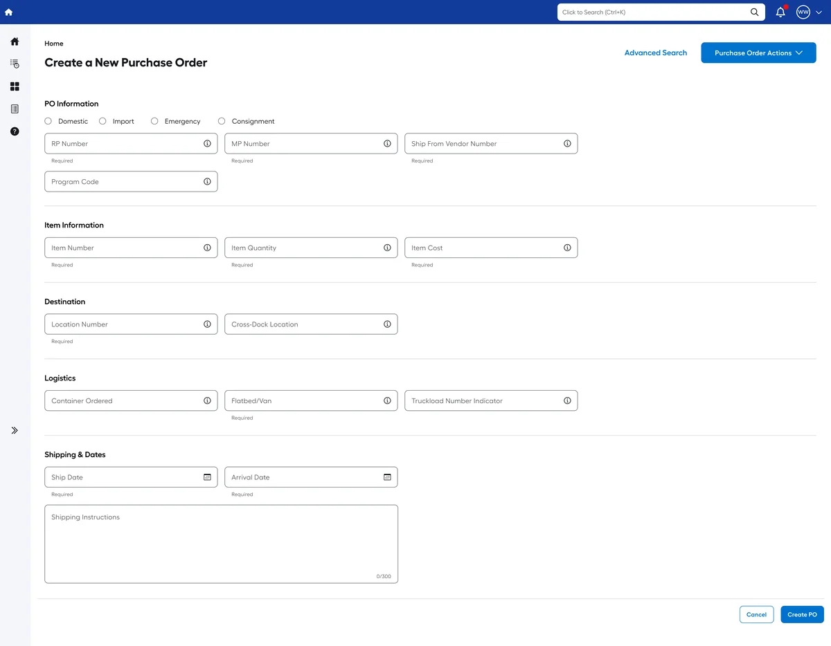Create a new purchase order form grouped into PO information, item information, destination, logistics, and shipping and dates
