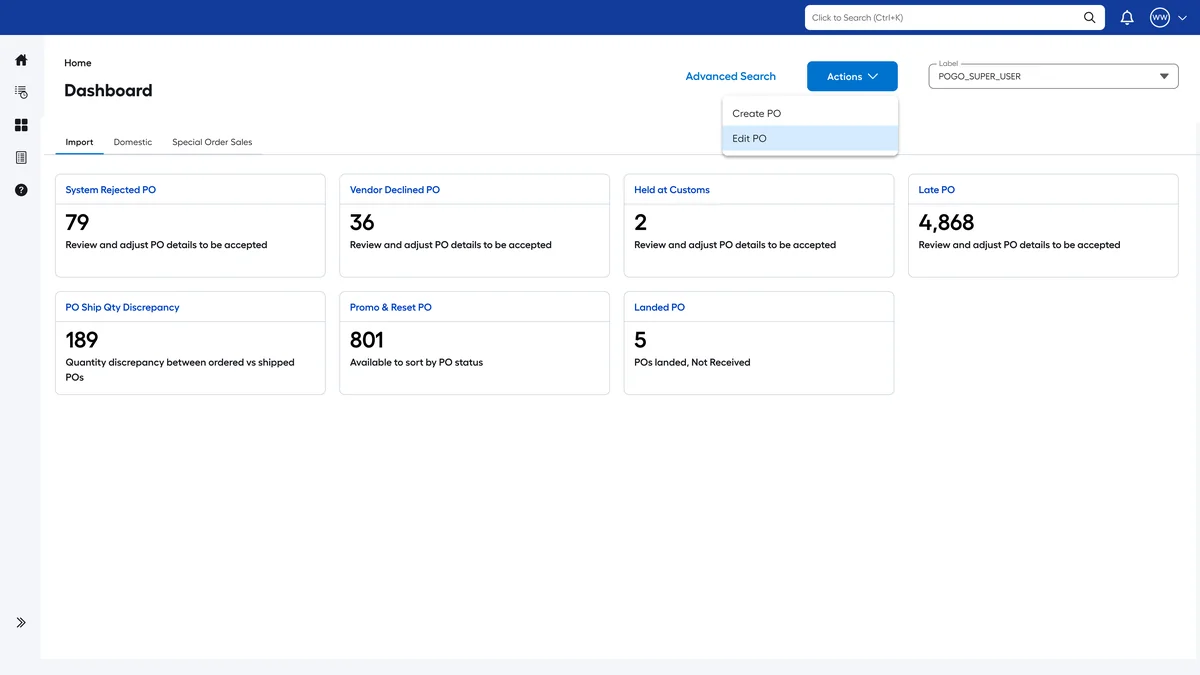 MVP dashboard with seven metric tiles: system rejected, vendor declined, held at customs, late, quantity discrepancy, promo and reset, landed