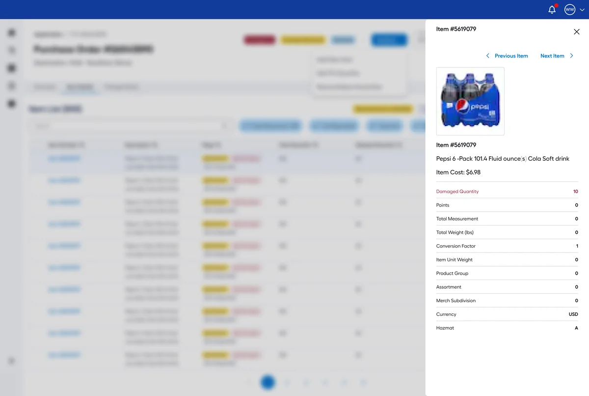 Item drawer with the product image, cost, damaged quantity and attributes, with previous and next item