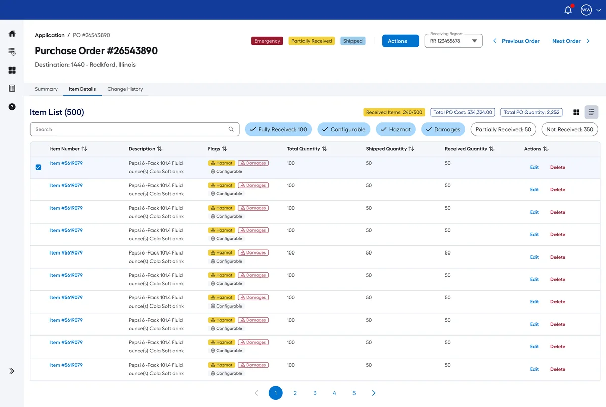 Item details tab with quick filters for received, configurable, hazmat and damaged items