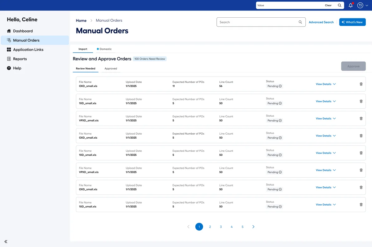 Manual orders page to review and approve uploaded order files