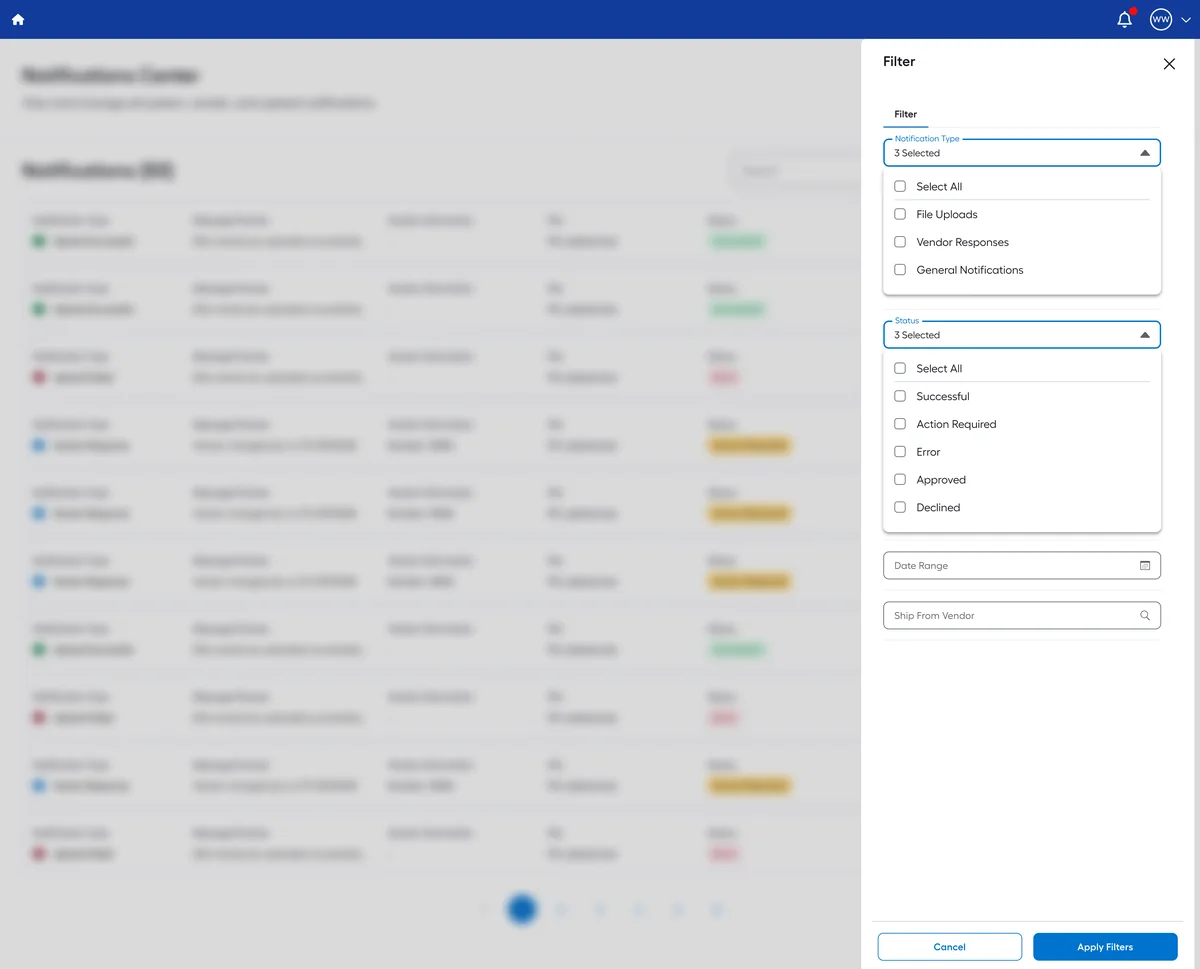 Filter drawer for notifications by type, status, date range and vendor