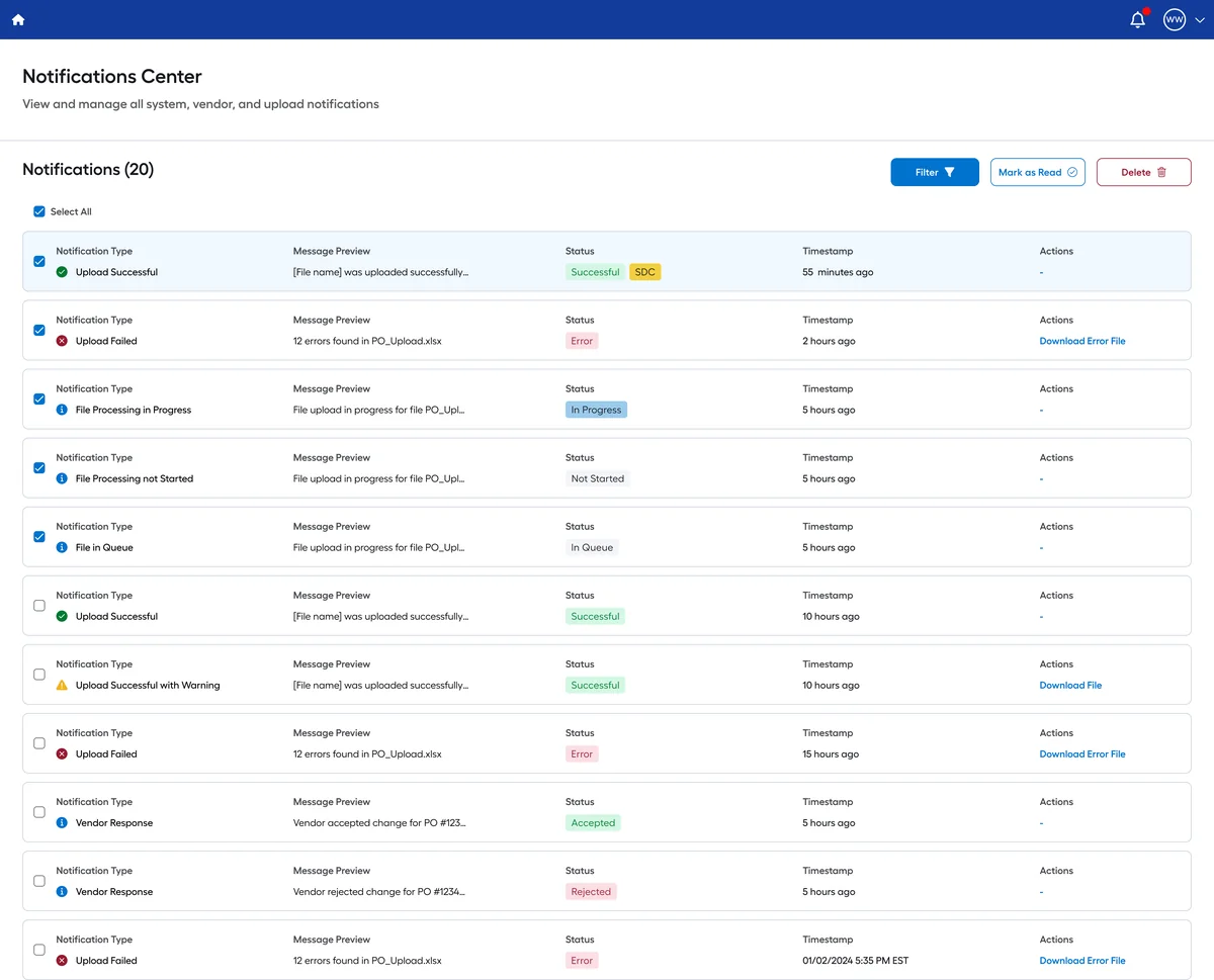 Notifications center listing uploads, vendor responses and errors with status tags, timestamps and download actions