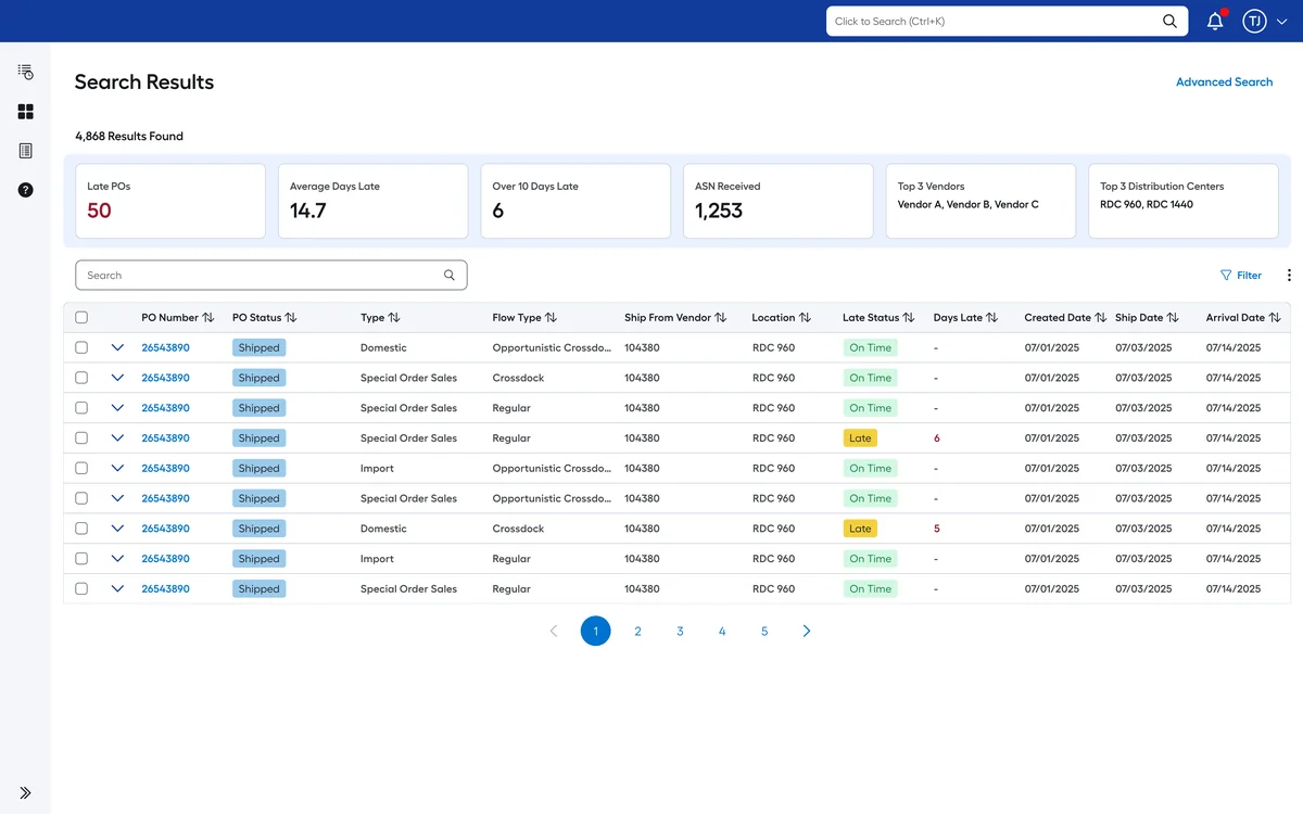 Search results with insight tiles for late orders, average days late, top vendors and distribution centers above a sortable table