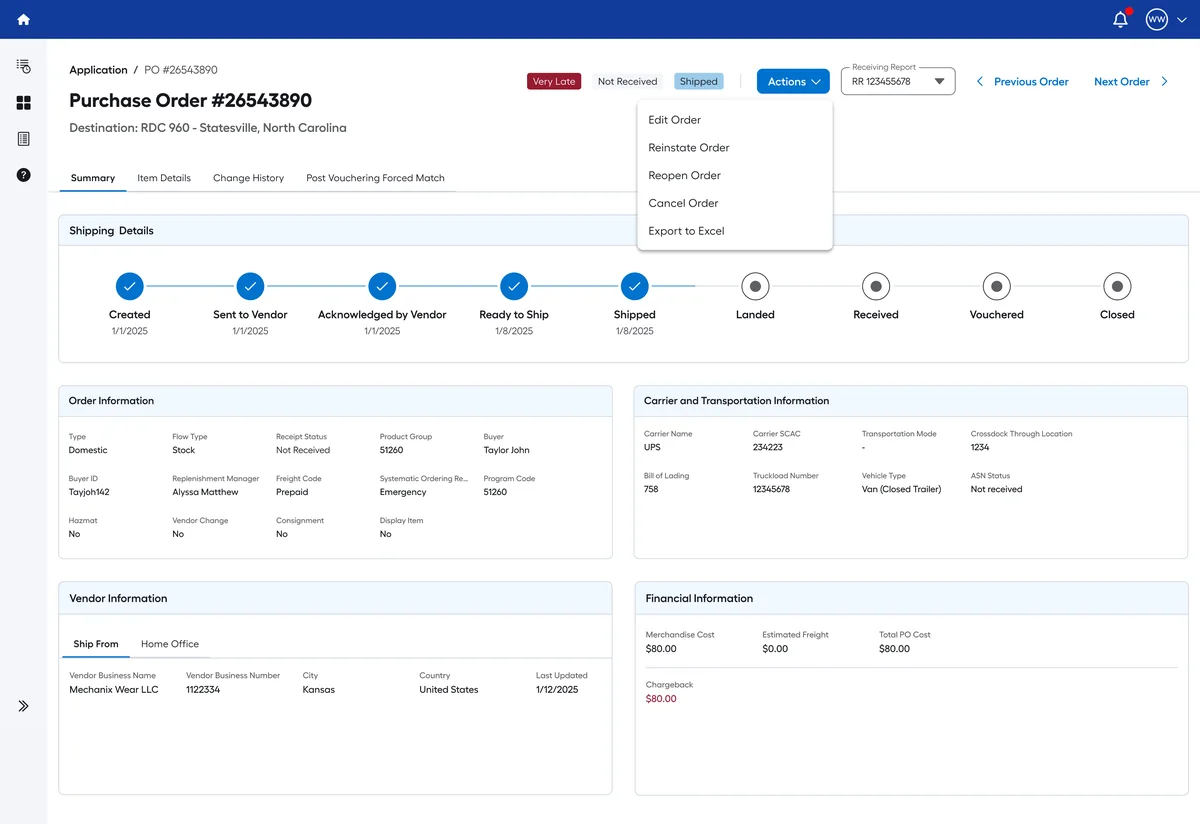 Purchase order summary with status tags, an actions menu, a milestone tracker from created to closed, and order, carrier, vendor and financial panels