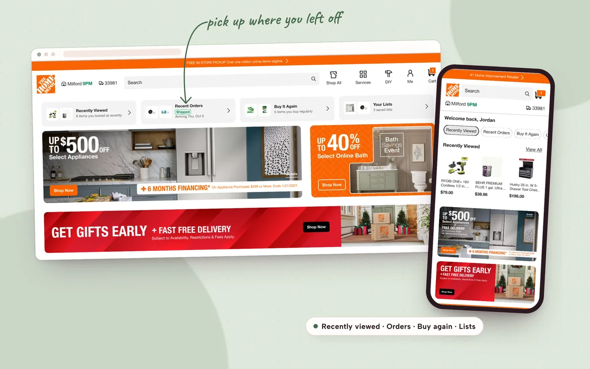 The Home Depot homepage with the Welcome Back module for returning customers