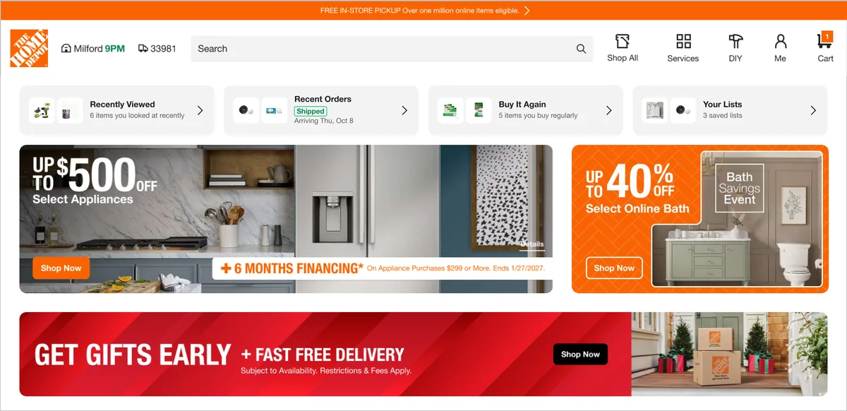 Option A in hi-fi: four glance cards for recently viewed, recent orders, buy it again and lists above the homepage hero