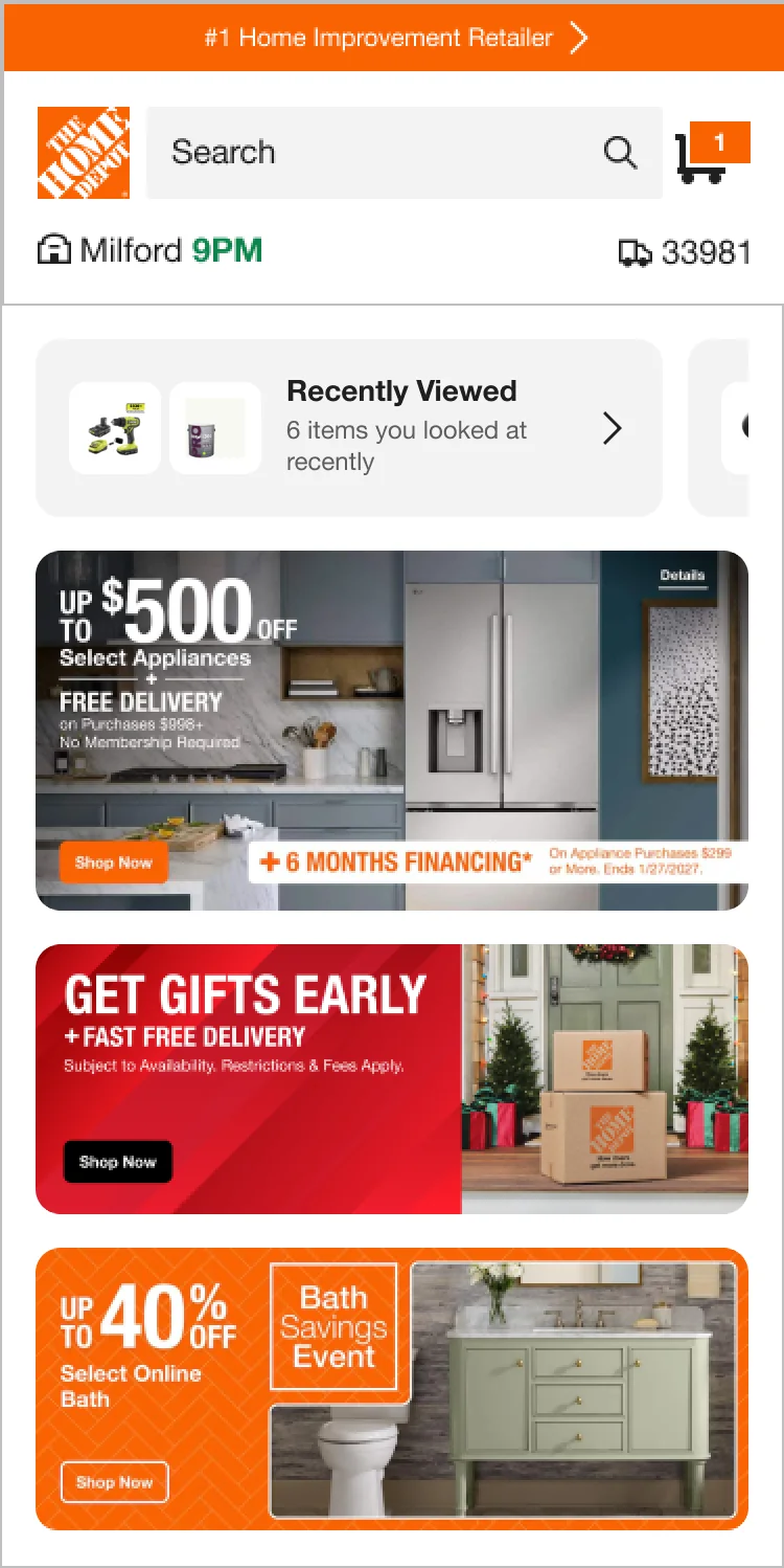 Mobile: glance cards in a horizontal swipe row under the store and delivery bar