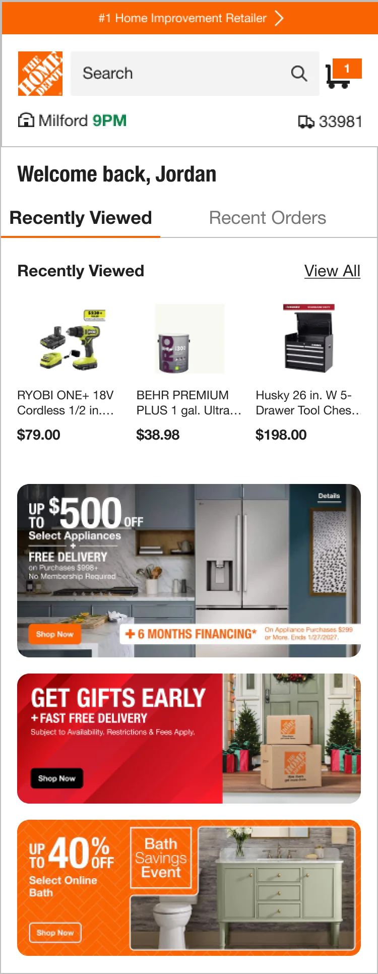 Mobile: Welcome back, Jordan with tabs for recently viewed and recent orders