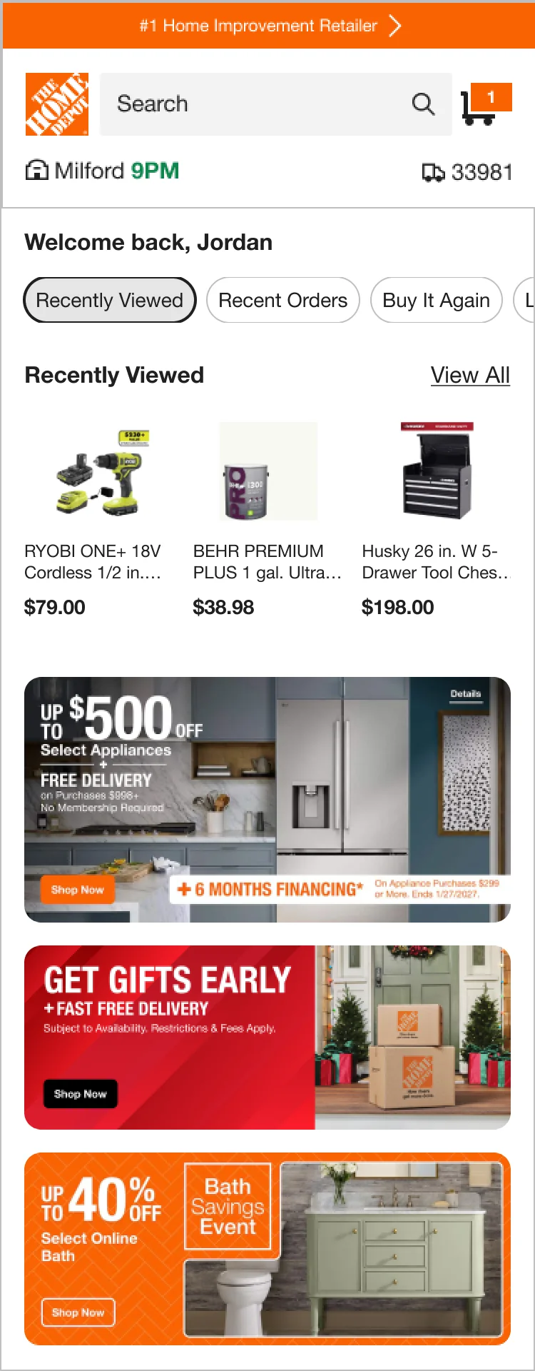 Mobile: Welcome back, Jordan with pill tabs and recently viewed products