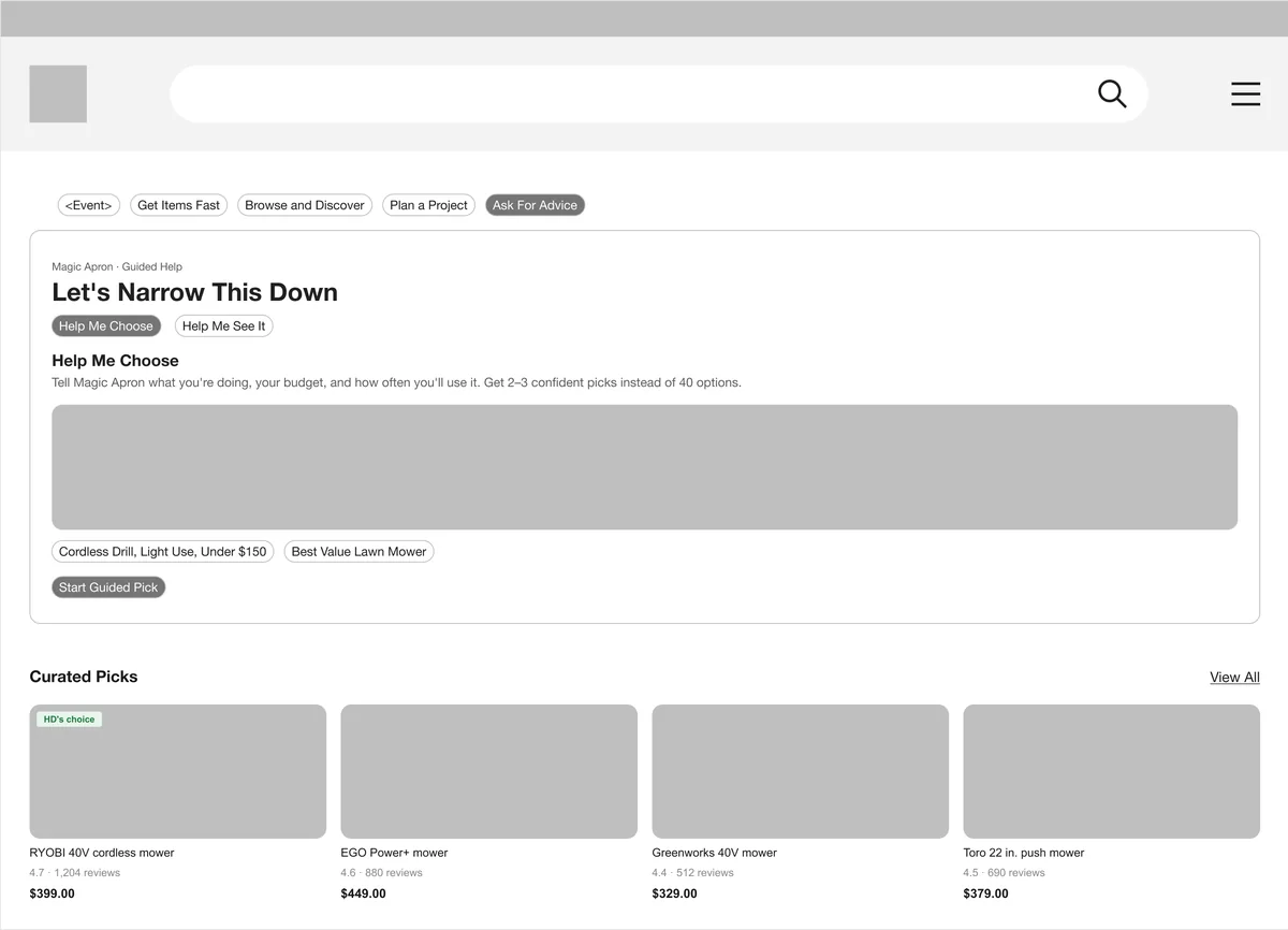 Wireframe: an assistant that helps narrow down options