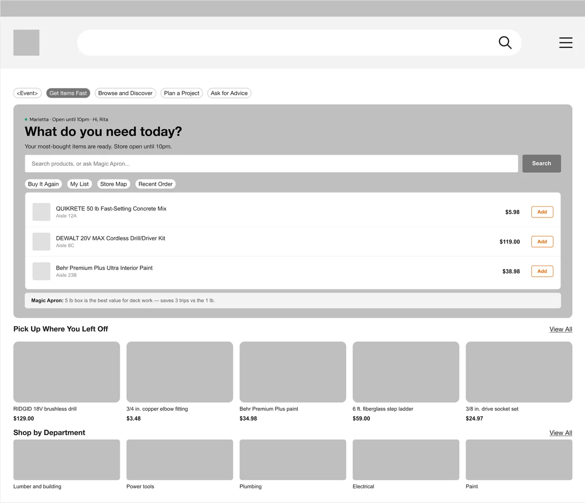 Wireframe: a homepage for getting items fast, search first with recent items and reorder
